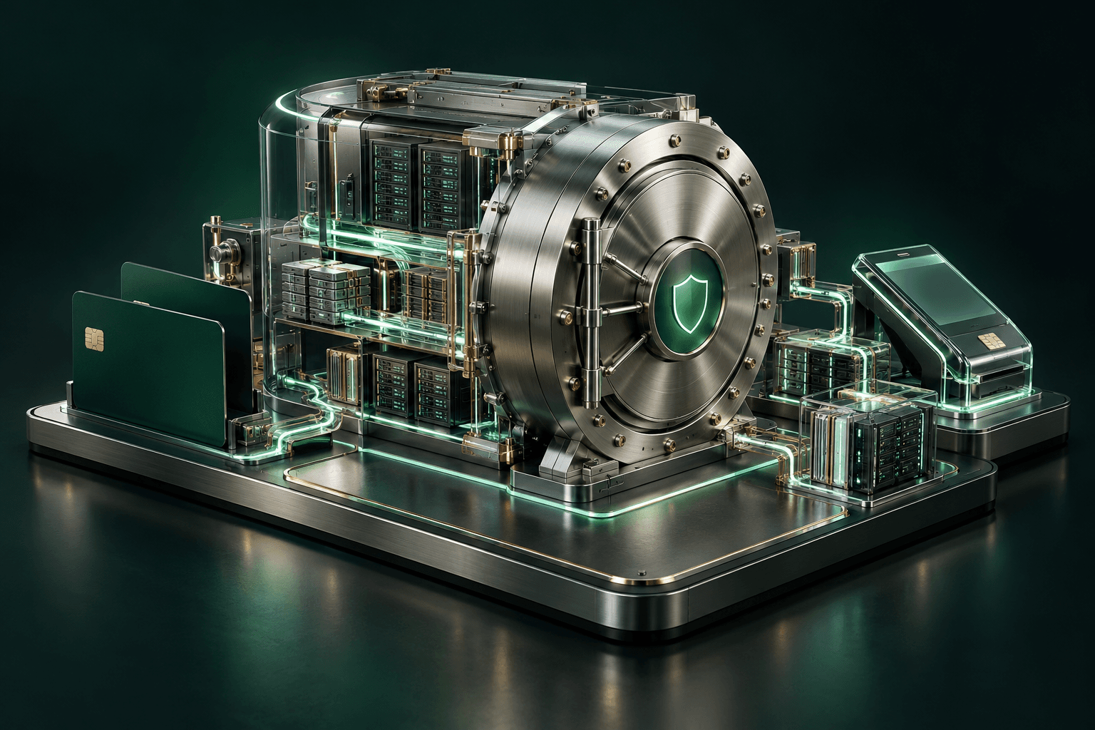 A precision-engineered financial vault with glass server modules and payment cards connected by emerald data pathways.